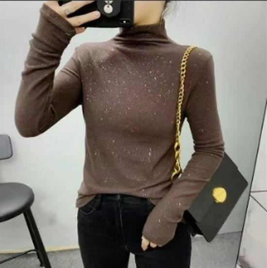 Velvet Sequin Women's Semi-High Neck Slimming Winter Base Layer T-Shirt - Plus Size Available