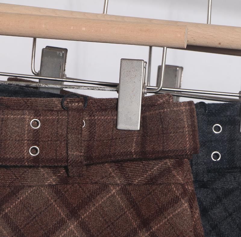 Women's High Waist Plaid Wool Skirt with Belt - Winter A-line Hip-Hugging Short Skirt