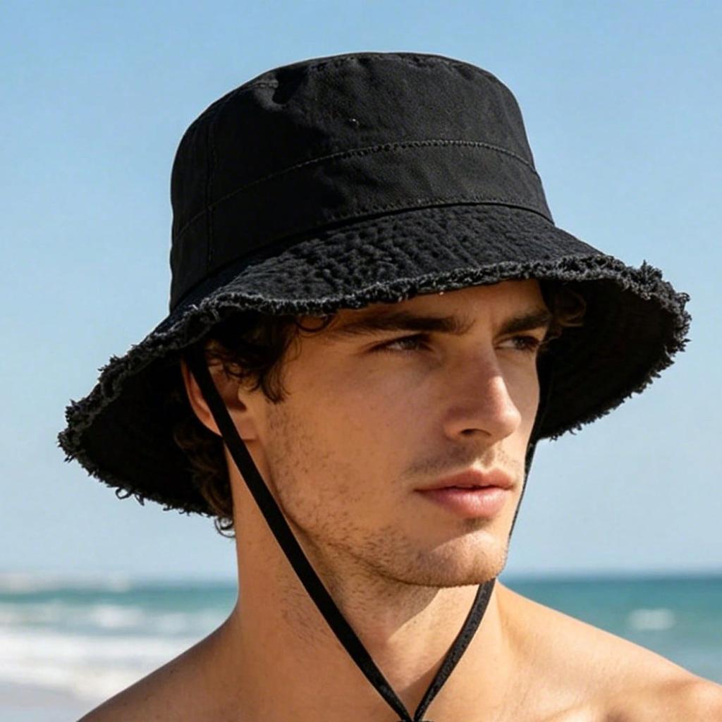 Chapéus de Pescador Masculinos da Moda Chapéu Bucket Dobrável Bob com Aba Larga Proteção Solar com Corda Ajustável no Queixo Chapéus de Praia Pesca Gorras Chapéu