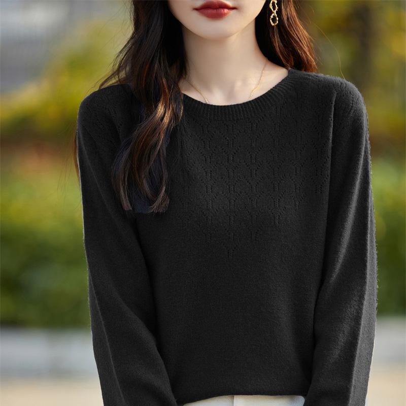 Women's Round Neck Crochet Knit Sweater: Loose-Fit, Autumn/Winter Pullover Base Layer.