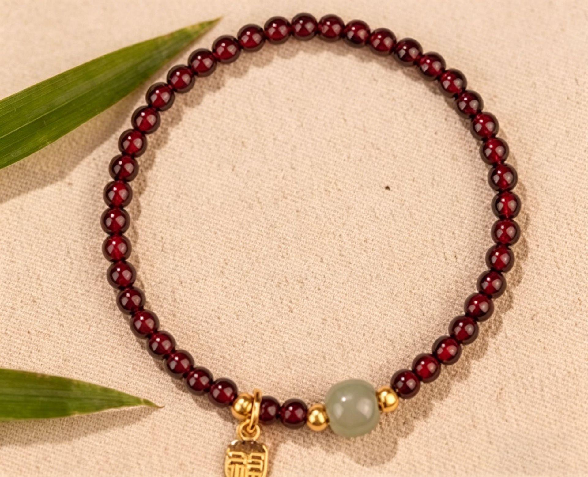 Natural Garnet & Hetian Jade Crystal Fortune Pendant Bracelet