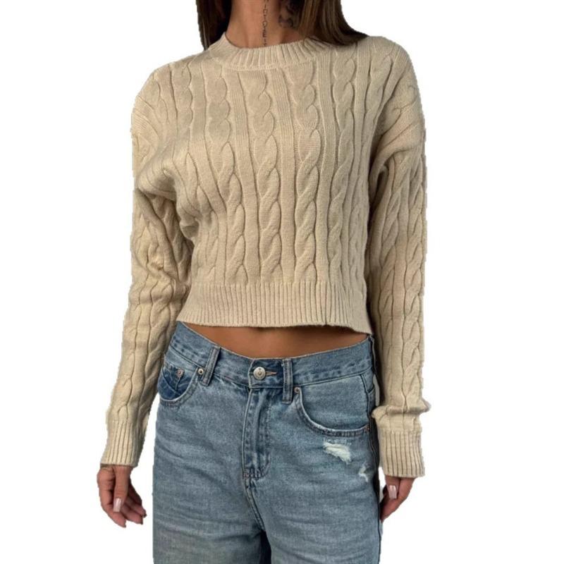 Women's Sweater Fashion Pullover Crew Neck Long Sleeve Short Top Twist Threaded Knitted Sweater Top Women