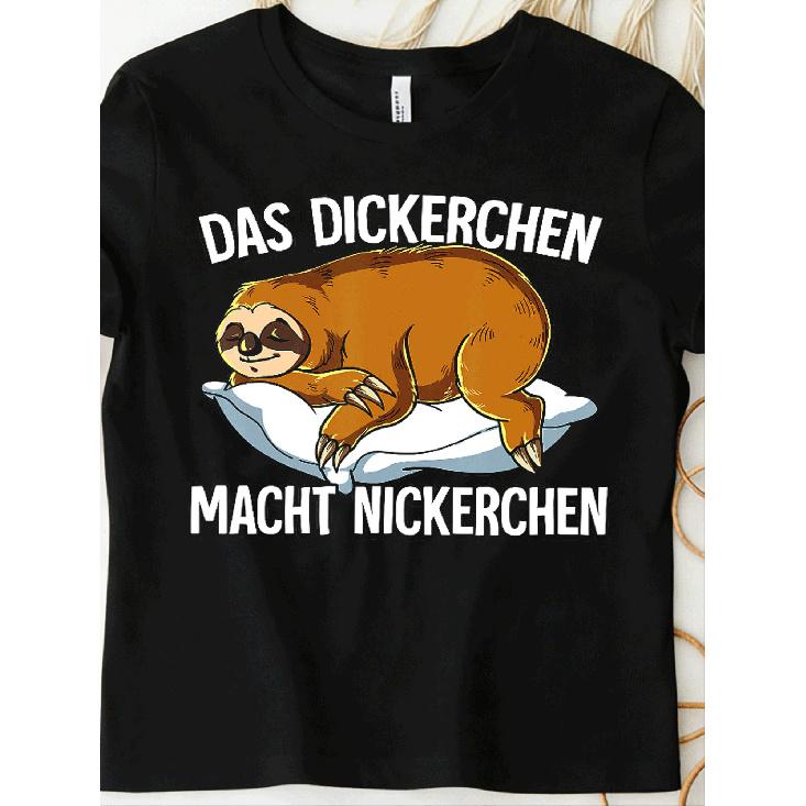 Women's Black Short-sleeve Crew Neck T-shirt with Cute Sleeping Sloth Graphic and German Text, Soft Cotton Feel, Relaxed Fit for Casual Daily Wear or