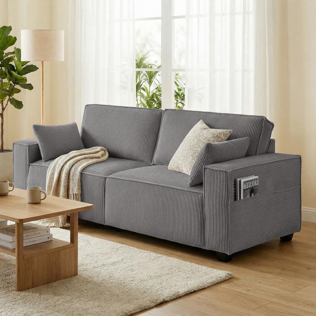 218 cm 3-Seater Sofa, Modern Corduroy Sofa with Pocket Spring Upholstery, Wide Armrests and 2 Cushions, Light Grey