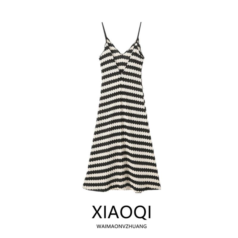 Fashion Wind 2024 New Fall Women's Clothing Sling Vacation Style Stripes Mid Length Long Length Dress 2298626