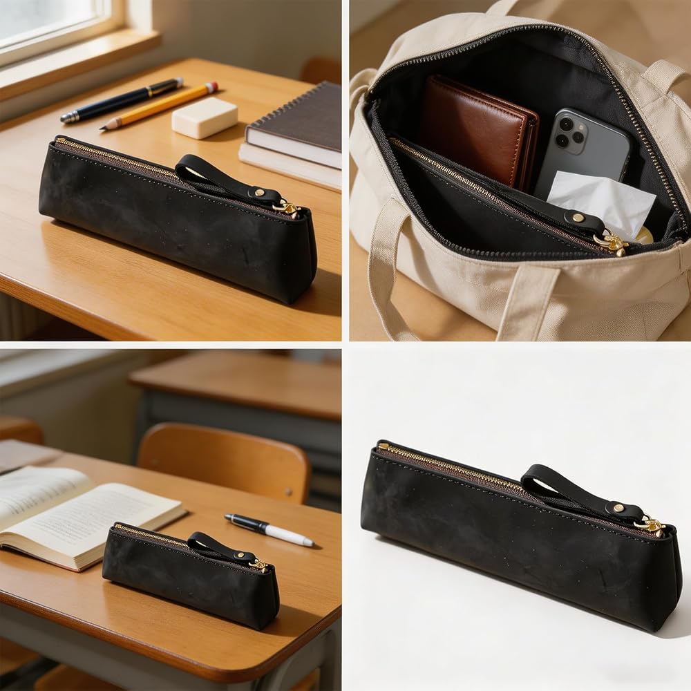 BLOOPIC Slim Leather Pen Case Black for Pens, Pencils, Makeup Brushes, Holds Up to 10 Items