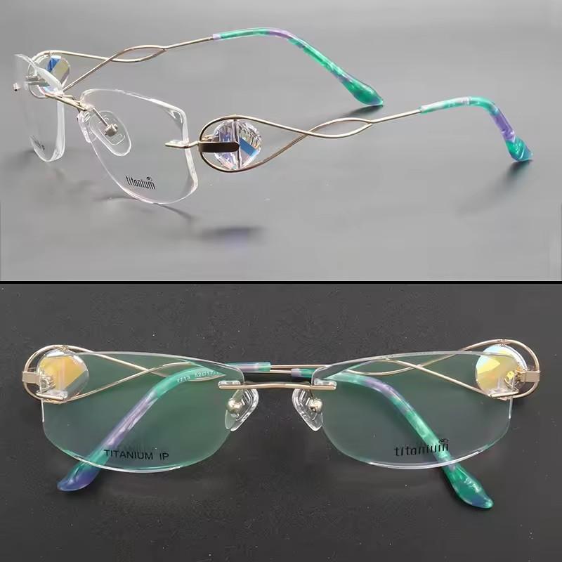 Titanium Rimless Glasses Frames Women Ultralight Luxury Eyeglasses Frames Diamond Trimming Cut Lens Optical Eyewear зелёный