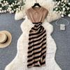Chic Niche Retro Fashion Contrasting Color Diagonal Striped Dress Female Slim Slim Slim Split Knitted Hip Skirt