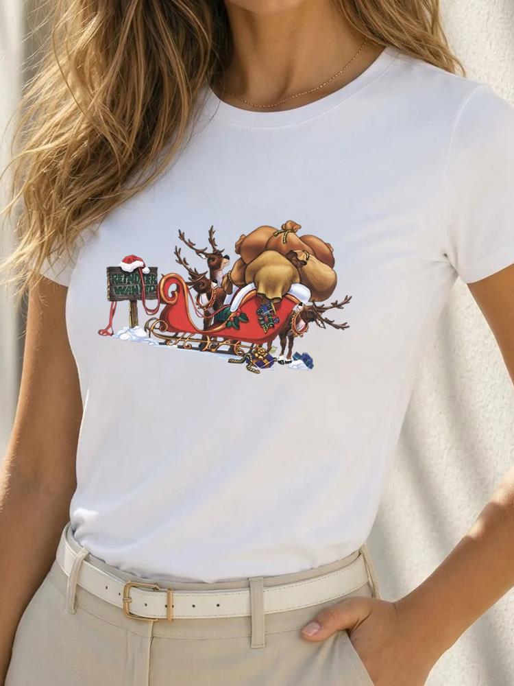 (Asian Size) Short Sleeve T-shirts Happy Festival Merry Christmas Fashion Women's Top O-neck T Shirt Print Casual New Year Clothing Graphic Tee
