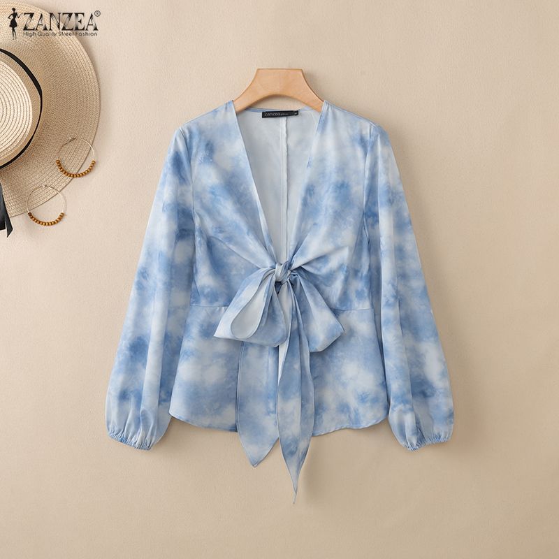 ZANZEA Women Lace-up V-neck Gradient Print Casual Long Sleeve Cover Up Blouse