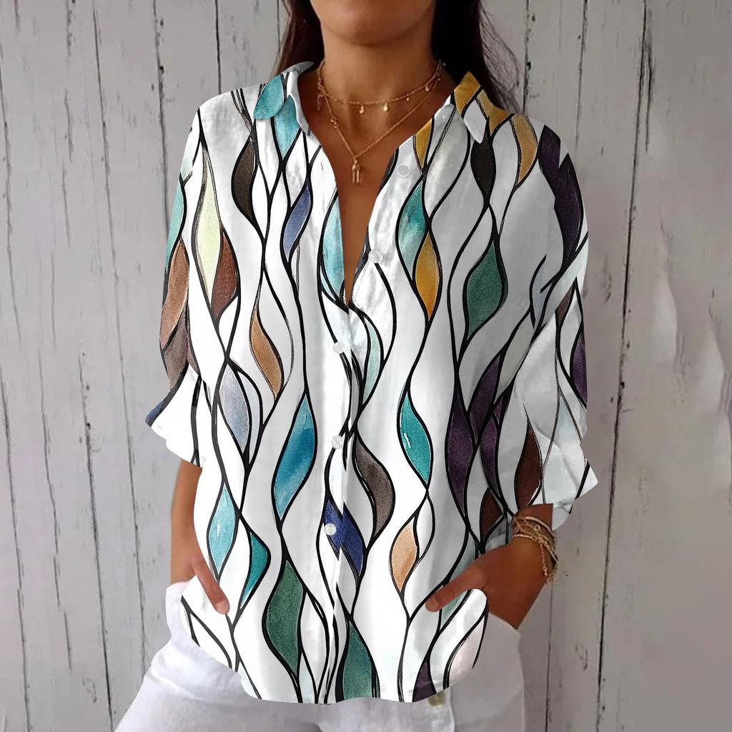 Women's Fashion 3/4 Sleeve Casual Lapel Back Tie- Floral Print T-Shirt Top