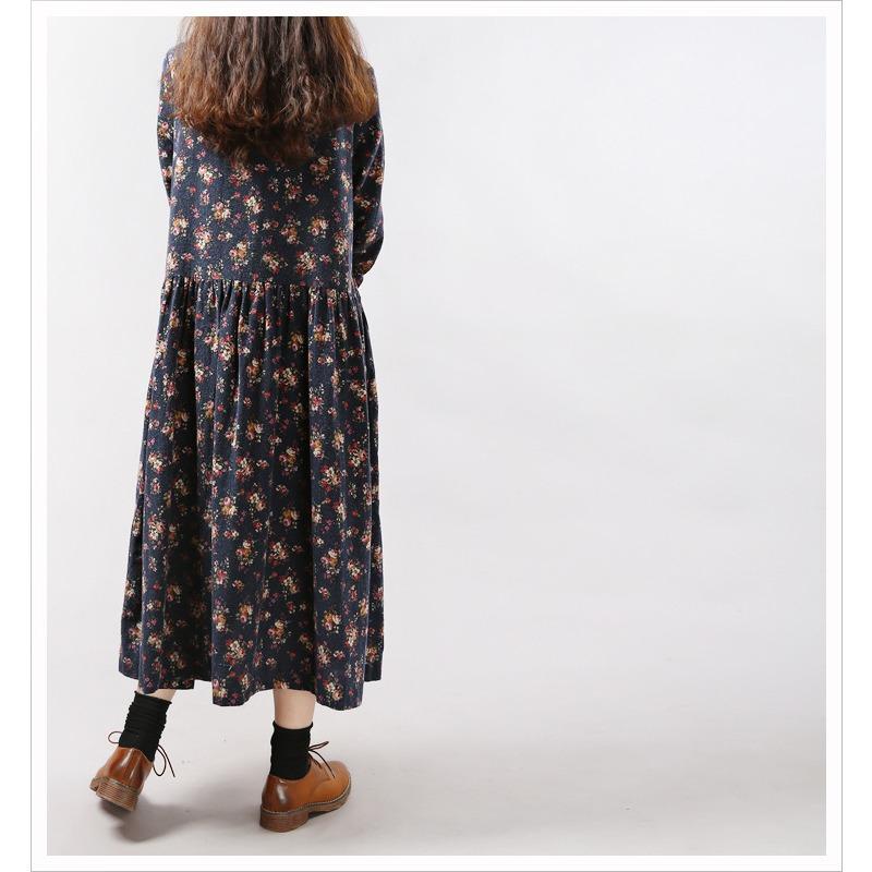 Spring Women's Cotton and Linen Floral Long Sleeved Dress
