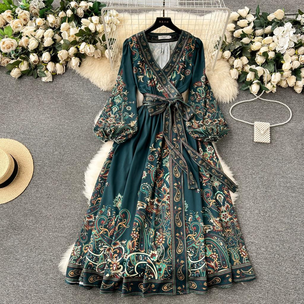 Robe Longue Wrap Imprimé Cachemire à Col en V et Manches Longues pour Femme Taille Moyenne Ceinture à Nouer Robe Longue Élégante Coupe A