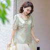 Women's Chinese Style Floral Print Blouse V-Neck Short Sleeve Satin Top for Middle-Aged