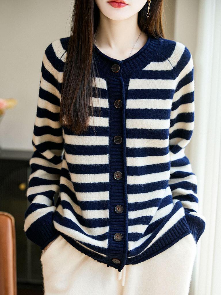 Women's Striped Pure Wool Cardigan - Seven-Needle Thickened, Round Neck, Autumn/Winter, Loose Knit Sweater Coat