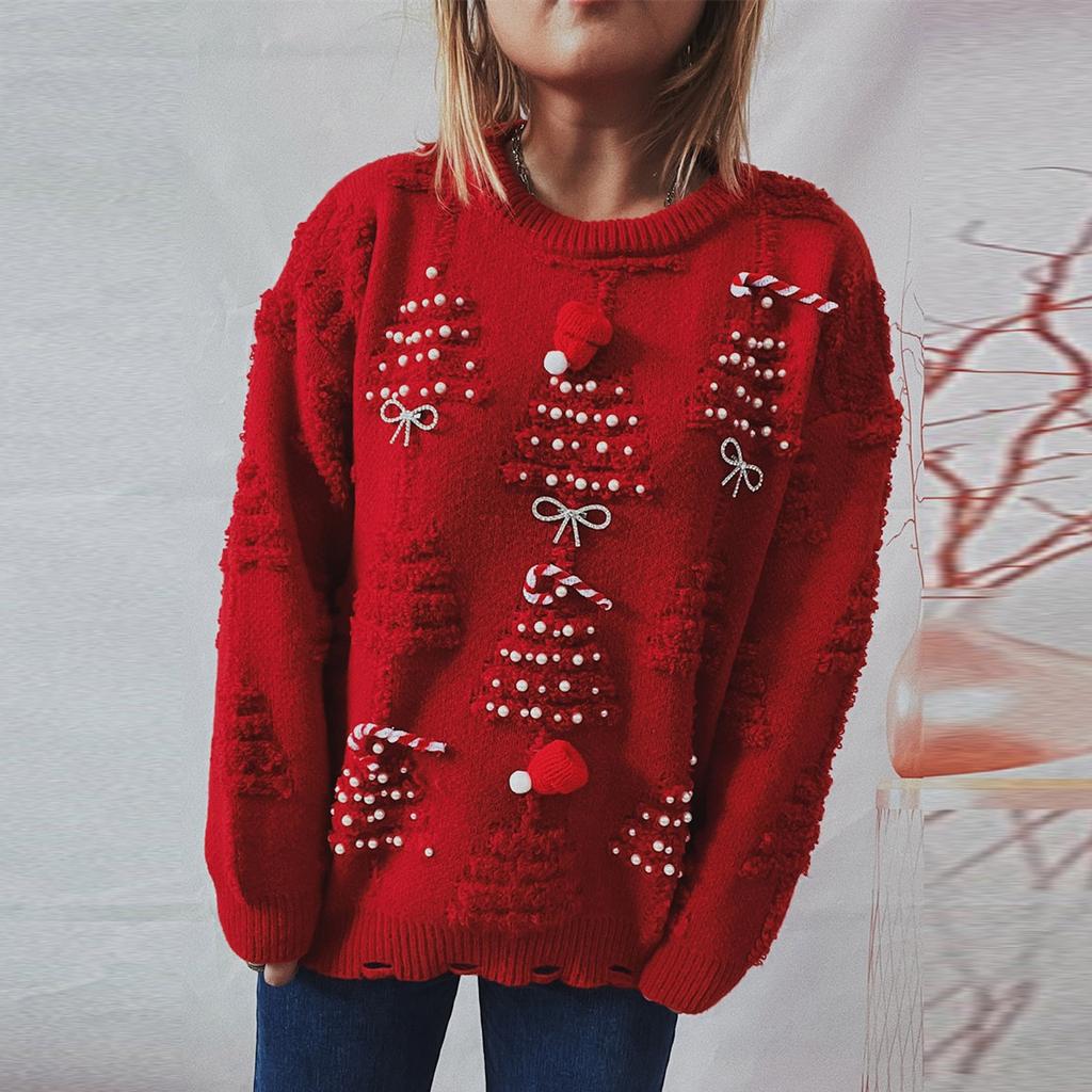Pull de noël à manches longues et col rond pour femme, mode automne/hiver