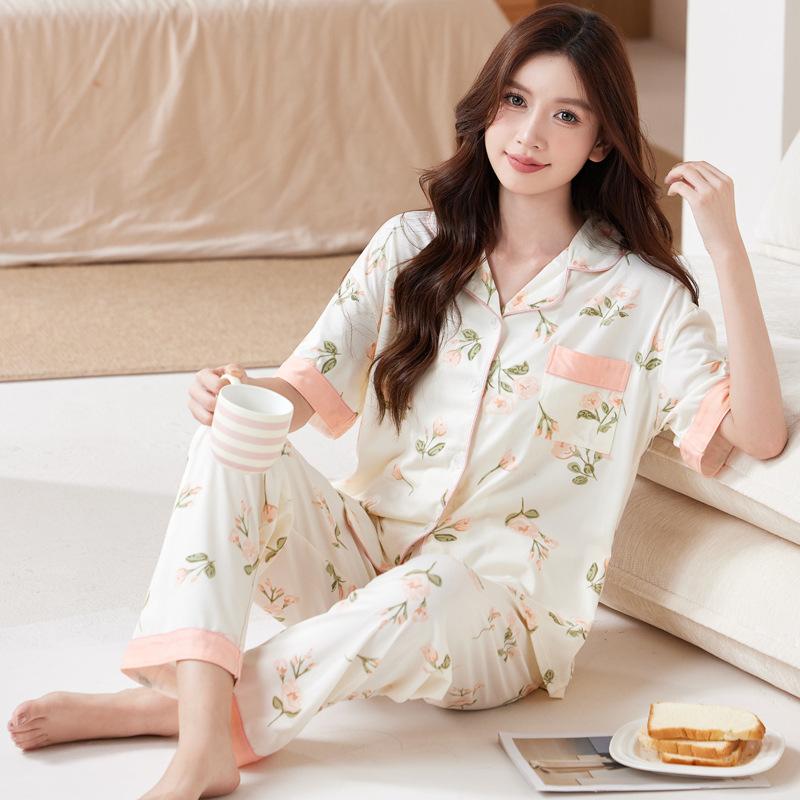 Rose Blume Imitation Baumwolle Pyjama Damen Sommer Kurzarm Hose im Mutter Temperament Loungewear Dünner Anzug