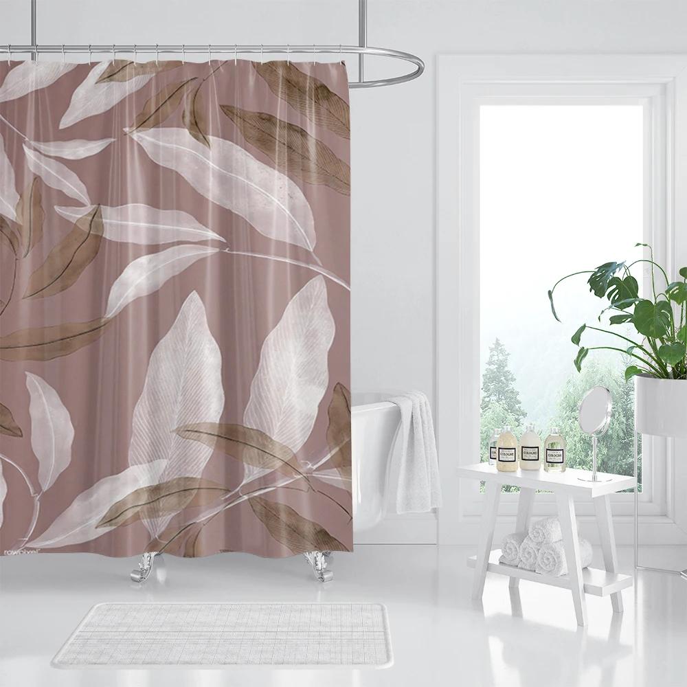 Rose Gold Shower Curtain Pink Gold Tropical Leaves Modern Luxury Bathroom Shower Curtains Fabric Bath Curtain Set with Hooks
