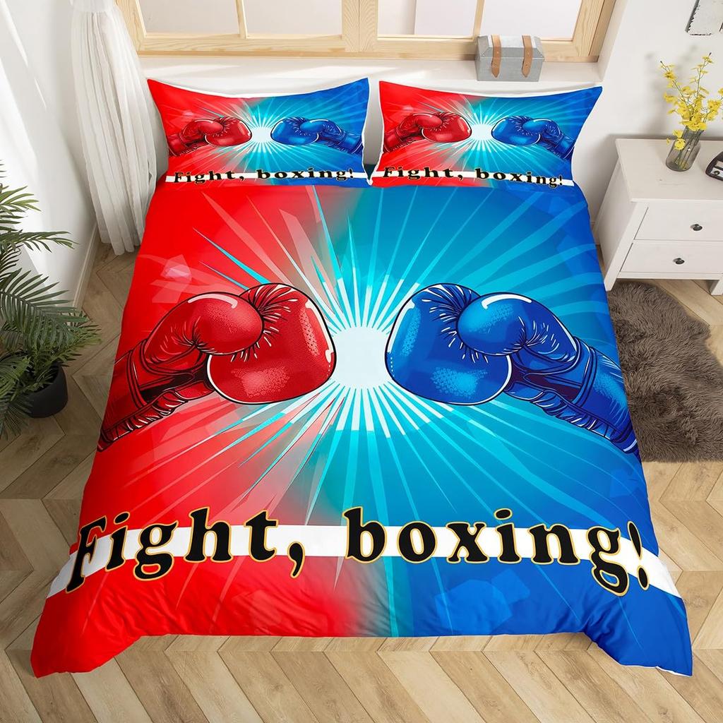 Boxing Soft Duvet Cover Twin Quen,Sports Game Theme Beding Set Boxing Gloves Comfortable Quilt Cover,Athlete Silhouete Patern Warm Comforter Cover