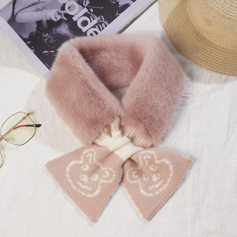 New Bear Scarf Women's Korean Style Winter Warm Wool Imitation Rabbit Hair Solid Color Versatile Plush Scarf