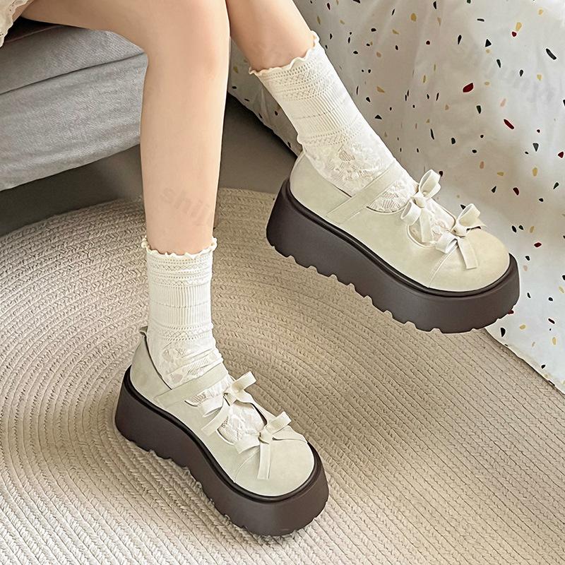 Fashion Women Mary Jane Shoes Autumn Round Toe Vintage Bow Knot Platform Leather Shoes Height Increase Comfortable Fashion Single Shoes