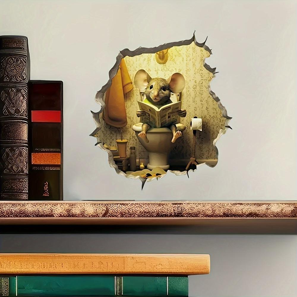 1pc 3D Mouse Hole Wall Sticker, Mouse Sitting On The Toilet Reading Pattern Self-adhesive Wall Sticker