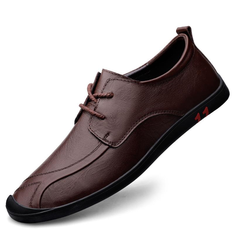 Men's round head first-layer cowhide business shoes front lace-up breathable flat-heeled single shoes men's cowhide splicing casual leather shoes