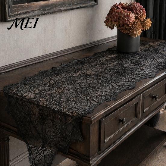 Breathable Lace Fabric Spider Web Table Runner, Black Gothic Festival Theme Mat Cobweb Runner for Halloween Dining Decoration