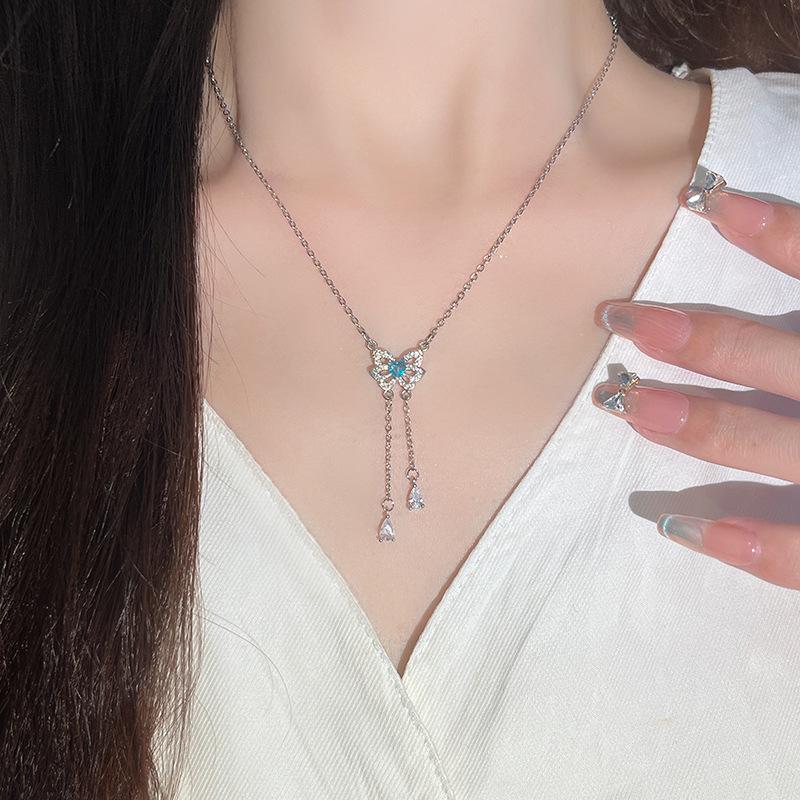 Butterfly Necklace Women's Light Luxury Niche Temperament Blue Zirconium Tassel Stainless Steel Clavicle Chain