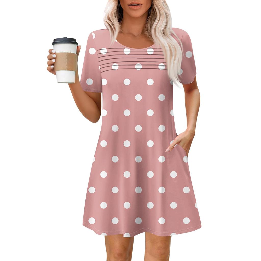 Damen Sommer Casual Rundhals Plissee Mit Taschen Bedruckte Kurzarmkleider