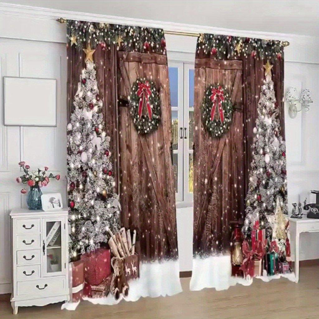 Christmas Santa Claus Curtains Set Polyester Festive Red Bedroom Doorway Drapes, Landscape and Flowers Design for New Year Decor