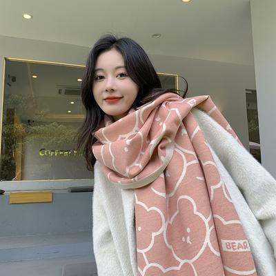 Cute Bear Cashmere Scarf Feel Fringed Shawl Soft Girl Winter Student Scarf Warm Thickened Scarf