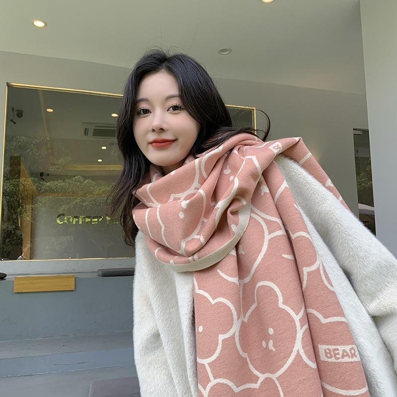 Cute Bear Cashmere Scarf Feel Fringed Shawl Soft Girl Winter Student Scarf Warm Thickened Scarf