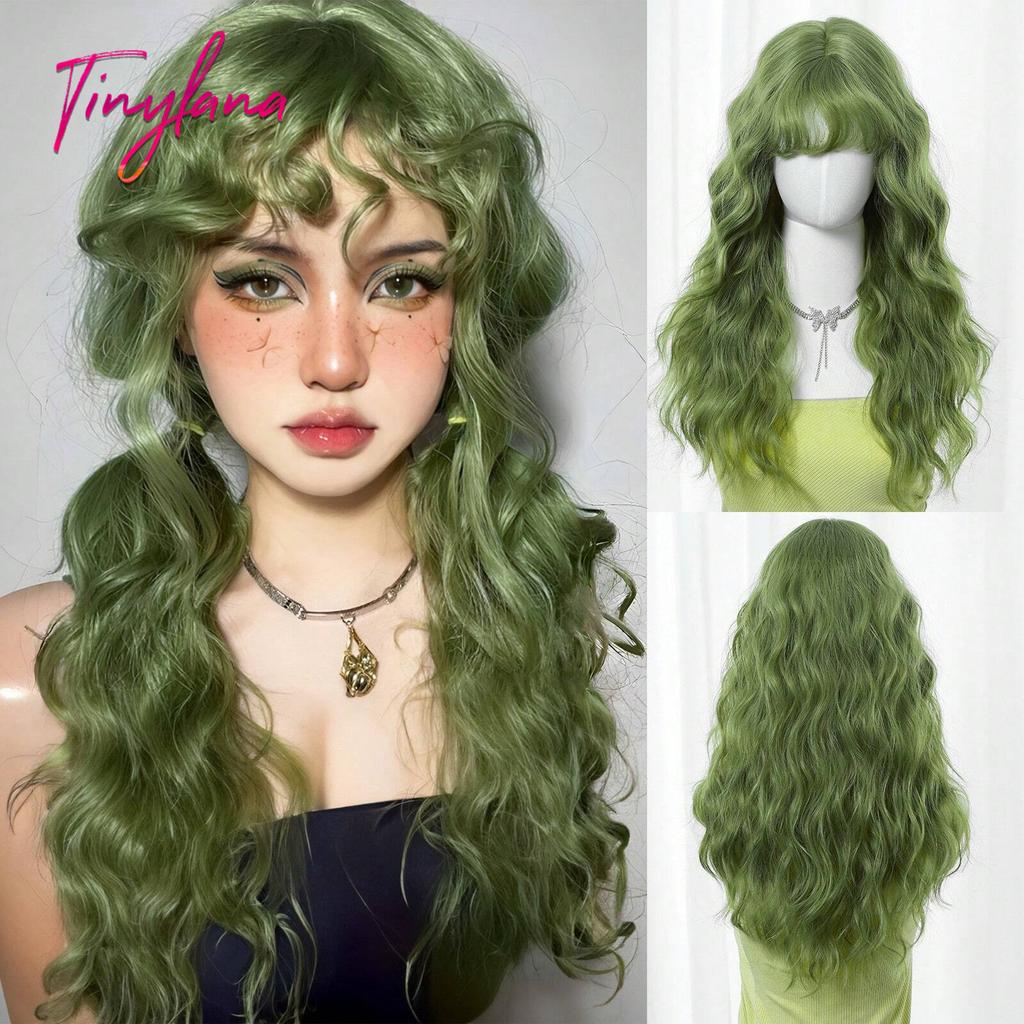 Long Curly White Platinum Synthetic Wigs with Bangs for Women Afro Cosplay Lolita Wavy Wig Natural Hair Heat Reisitant Daily Use