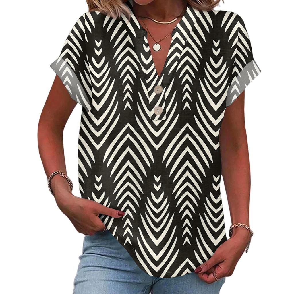 Ladies Casual Fashion V-Neck Button Floral Print Short Sleeve Top