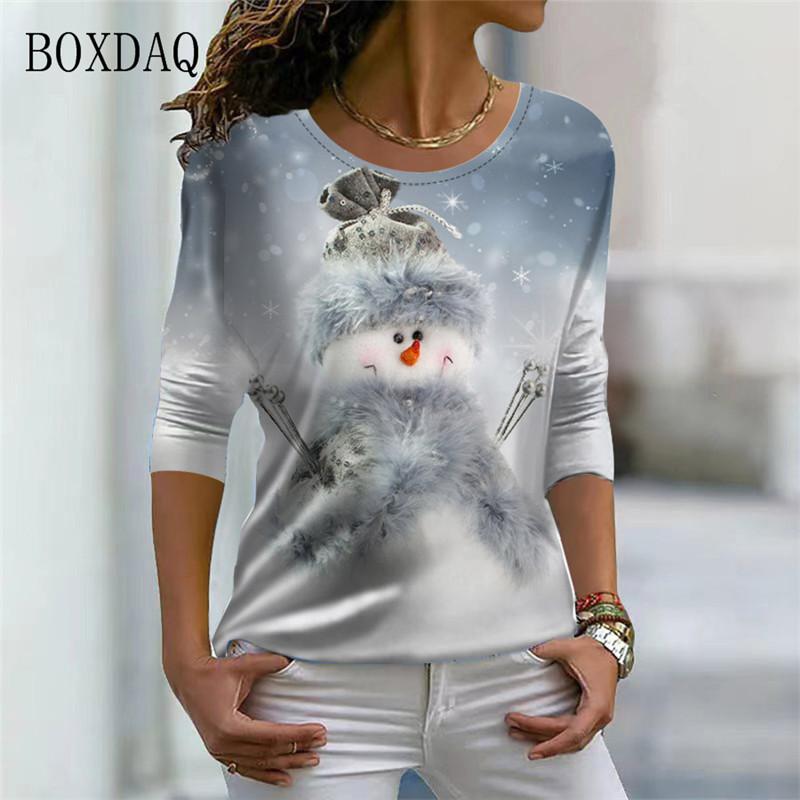 Santa Claus And Snowman Pattern Women Streetwear T-shirts Autumn Winter Long Sleeve 3d Print Christmas Style Ladies Casual Tops