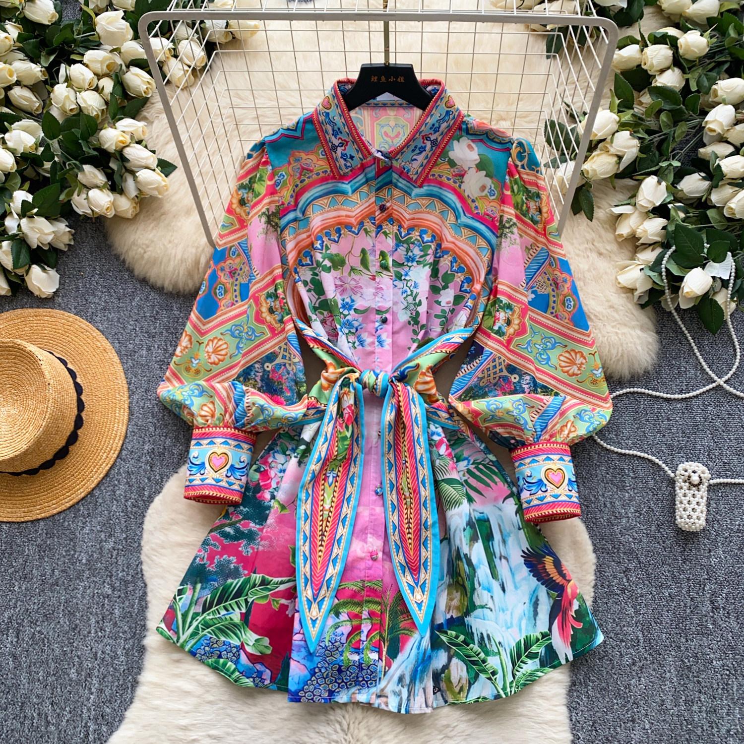 Bohemian print shirt collar strap waist