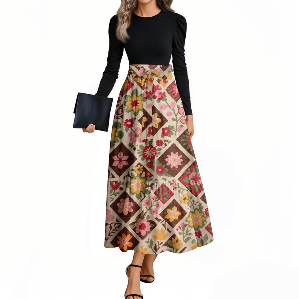 Damenmode Lässig Gürtel Langarm Rundhals Floral Bedruckt Elegant Temperament Kleider