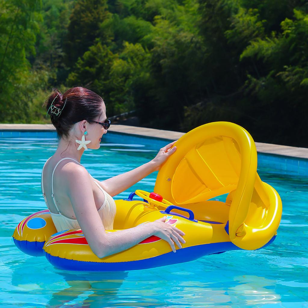 Inflatable Baby Swimming Float with Detachable Canopy Double Airbags and Underarm Support Baby Swim Seat Float Ring for Pool and Beach Use