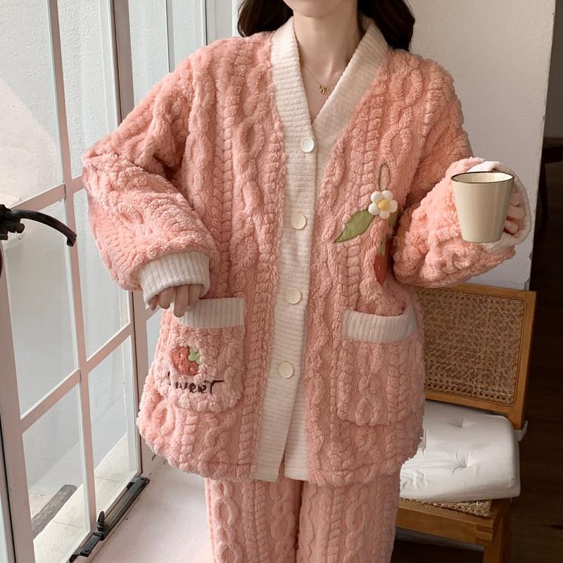 Soft Coral Fleece Pajama Set Women Winter Warm Thick Long Sleeve Lounge Wear Outfit