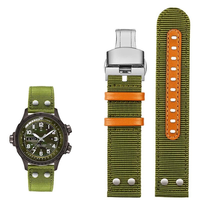 Nylon+Leather Watchband For Sei-ko Hamilton Khaki Aviation Beyond Wind Series Canvas with Rivet Military Watch Band Strap 22mm