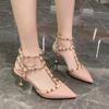 Women's Shoes  Summer Sandals Pointed Toe Patent Leather Rivet Buckle Sandals Stiletto Beige Khaki Red All-match High Heels
