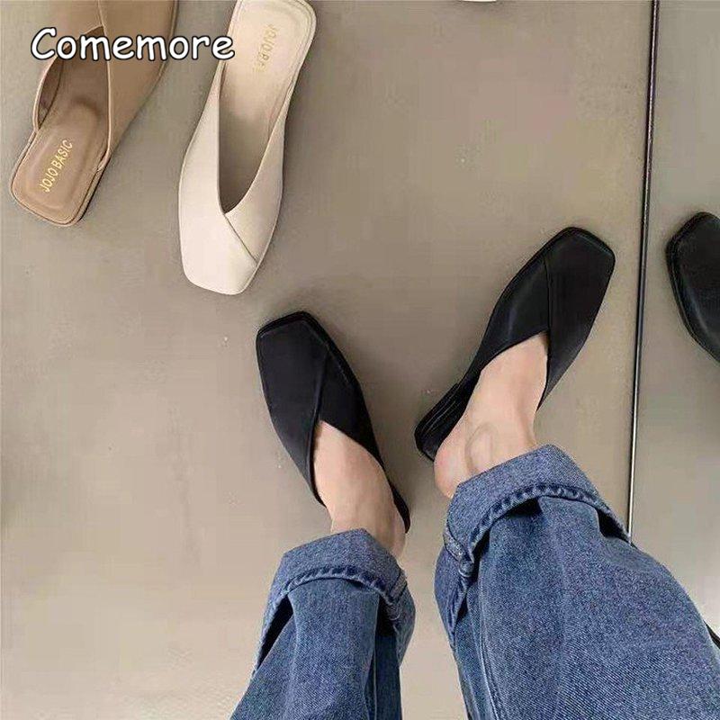 Fashion Comemore Fashion Slip On Mules Big Size 43 Flat Slippers 2025 Summer Women Flat Casual Outdoor Square Toe Shoes Ladies Slippers