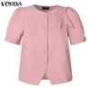 VONDA Damen Casual Rundhals Kurzarm Krawatte Einfarbig Lose Bluse