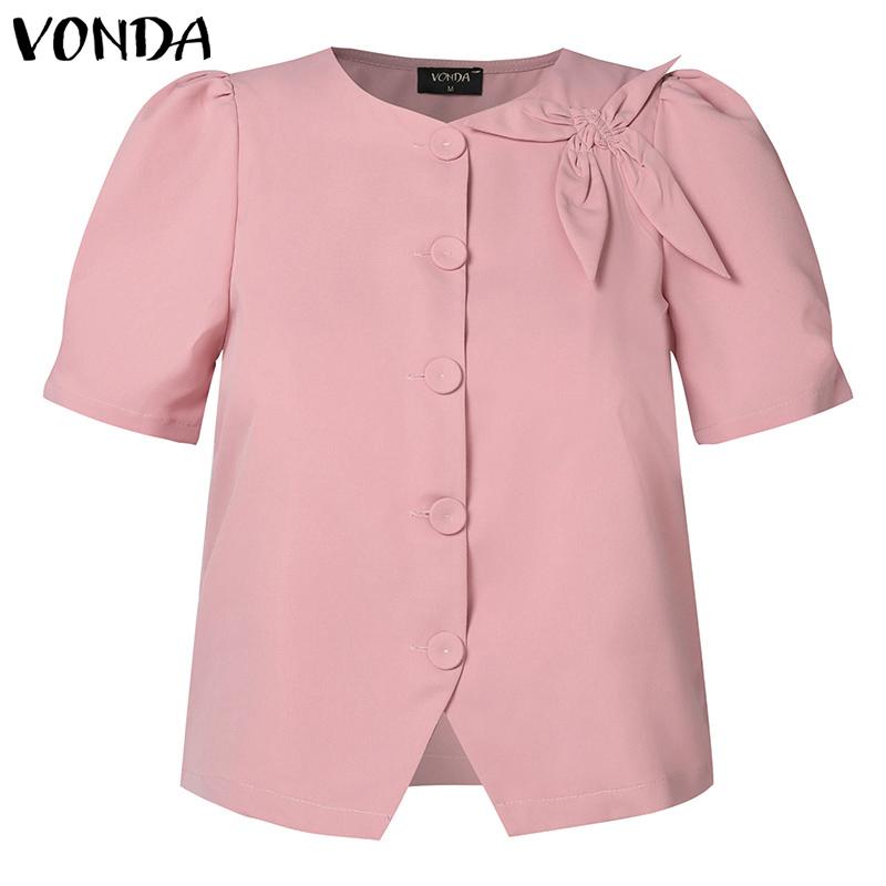 VONDA Damen Casual Rundhals Kurzarm Krawatte Einfarbig Lose Bluse