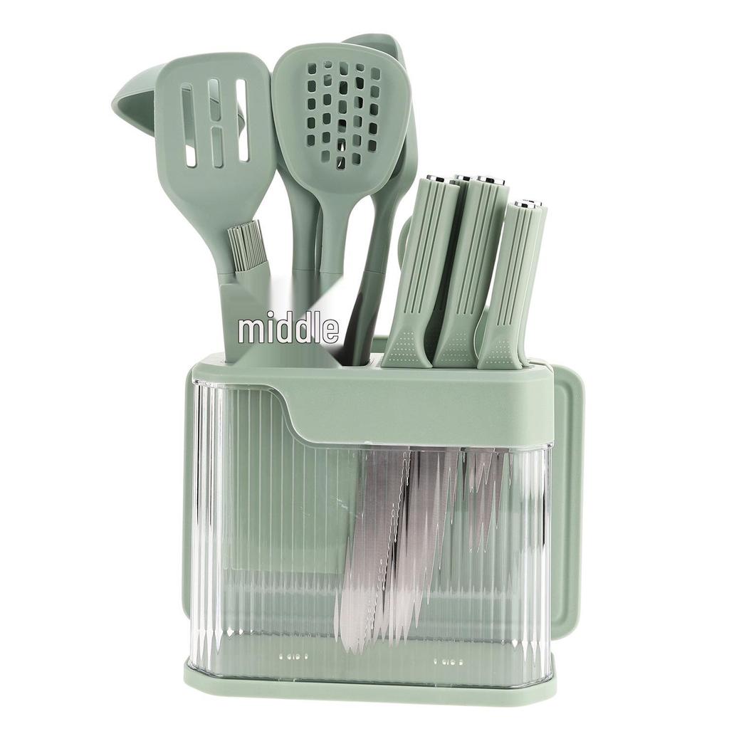 17-Piece Non-Stick Silicone Kitchenware Set: Knives, Pan, Spatula, Spoon & Storage Rack
