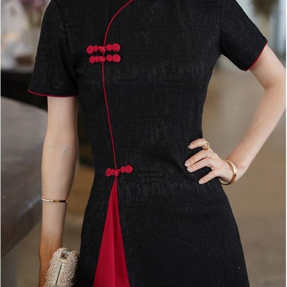 China-Chic Qipao Dress Short Sleeve Cheongsam Stand Collar Traditional Chinese Dress  Wedding