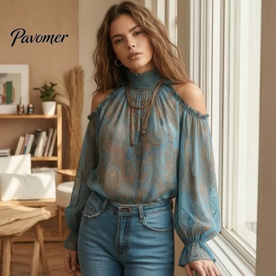 Ethnic Print Shirts Women Fall Cold Shoulder Shirt, Vintage High Casual Ruffle Top Collar Blouse, Lantern Sleeve Breathable Polyester