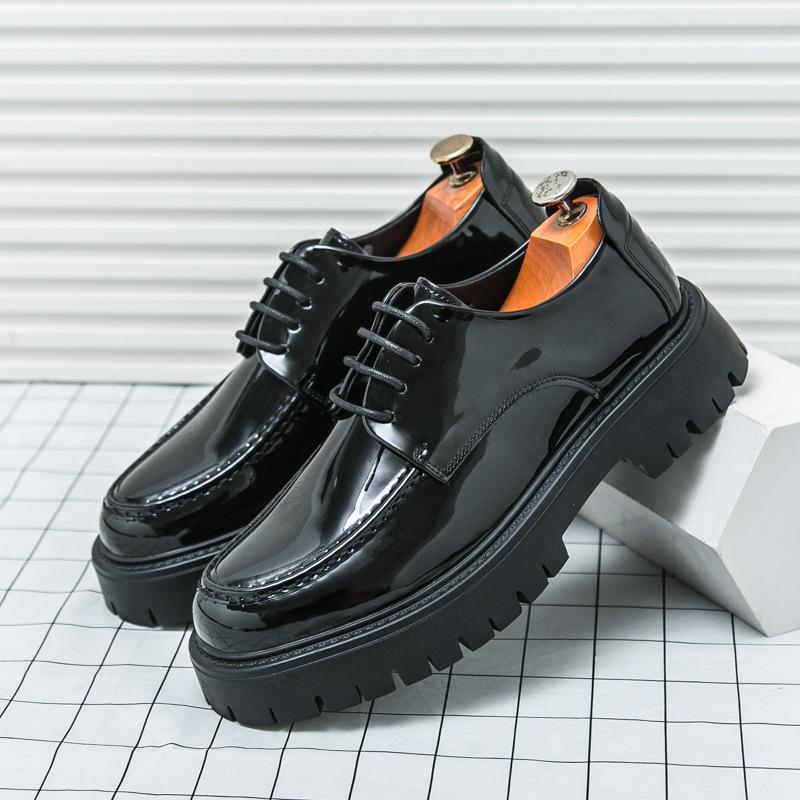 High-end Luxury Leather Shoes Men's High-end Sense of British Height Increase Platform Trend Glossy One-pedal Casual Loafers