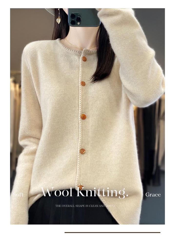 Women's 100% Wool Loose Slimming Round Neck Cardigan with Metal Buckle